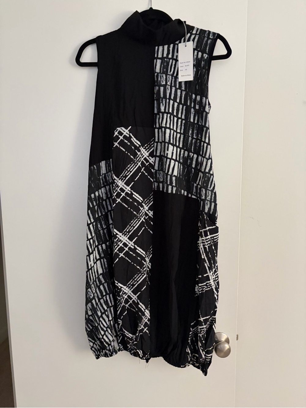 Black & White Patterned Midi Dress with High Neck